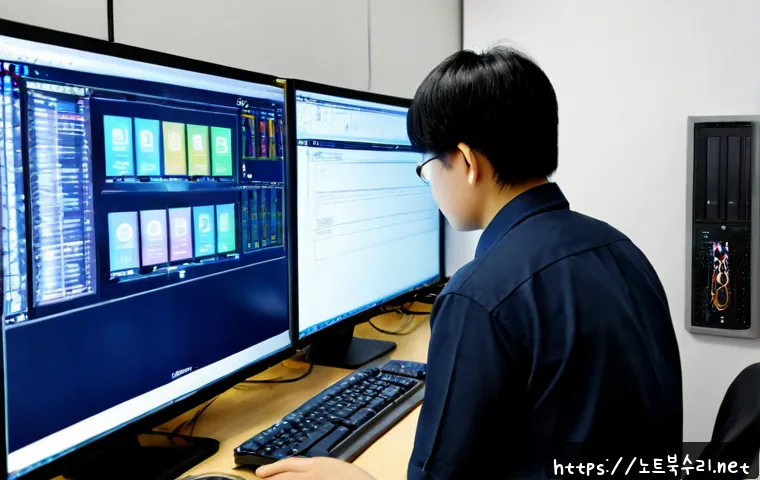 사사동 STATUS_KERNEL_MODULE_ACCESS_DENIED - Photorealistic IT support workstation in a quiet Sasang industrial office, dual monitors showing abs...
