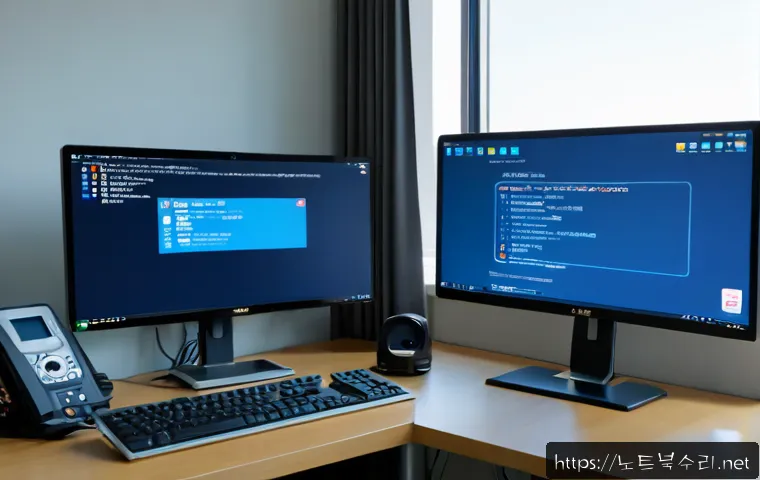 귤현동 IO1_INITIALIZATION_FAILED - Photorealistic IT support workstation in a quiet suburban Korean apartment office, dual monitors sho...