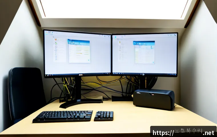 신교동 STATUS_MODULE_NOT_FOUND - Photorealistic software support workstation in a compact hillside Seoul office, dual monitors showin...