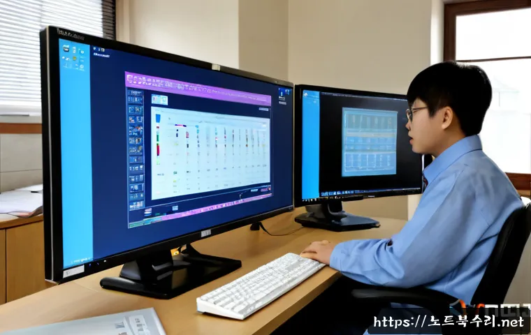 강화읍 STATUS_KERNEL_STACK_CORRUPTION - Photorealistic IT support workstation in Ganghwa-eup, a technician studying a desktop tower with its...