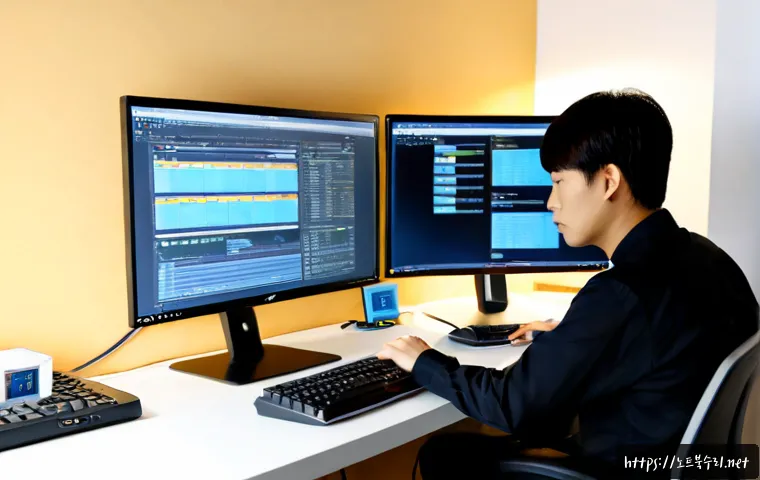 매산로 BOOTMGR is Compressed - Photorealistic IT support workstation in a compact Korean office near Maesan-ro, dual monitors showi...