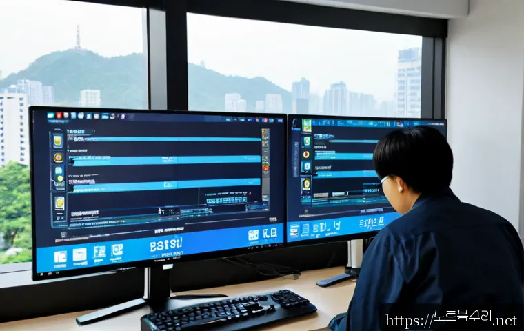 분당동 STATUS_KERNEL_THREAD_FAILURE - Photorealistic IT support workstation in a quiet Bundang-dong apartment office, ultrawide monitor sh...