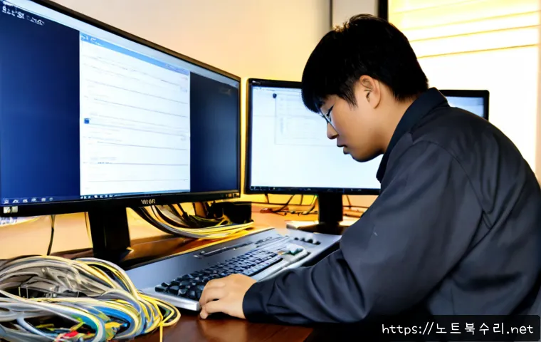 도기동 STATUS_KERNEL_POWER_FAILURE - Photorealistic IT support workstation in a quiet Dongi-dong neighborhood office, dual monitors showi...