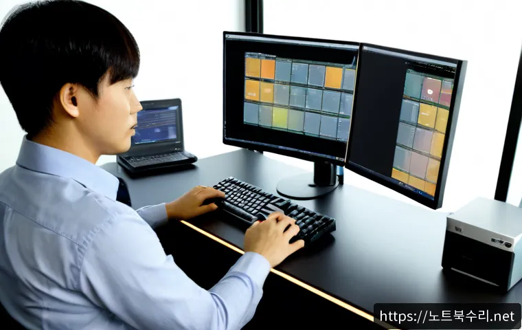 예장동 DRIVER_CORRUPTED_EXPOOL - Photorealistic IT support workstation in a compact Ejang-dong office, dual monitors showing a clean ...