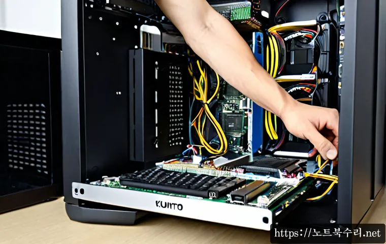 금토동 그래픽카드조립 및 교체수리 - Photorealistic computer repair workstation in a compact Kumto-dong apartment office, technician care...
