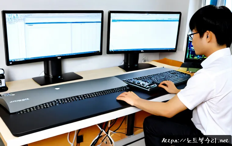 지곶동 DEVICE_DRIVER_MISMATCH - Photorealistic remote-support workstation in a compact Jigot-dong engineering office, dual monitors ...