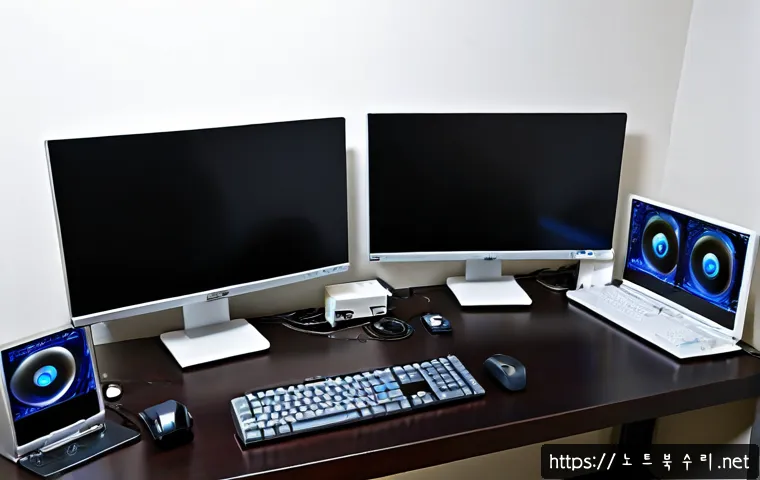 진리동 DPC_WATCHDOG_VIOLATION - Photorealistic compact PC repair workstation in a quiet Jindong apartment office, dual monitors show...