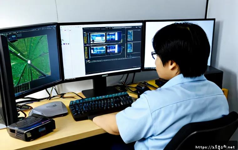정왕동 DRIVER_CAUSED_SYSTEM_CRASH - Photorealistic IT support workstation in a compact industrial office near a Korean manufacturing dis...