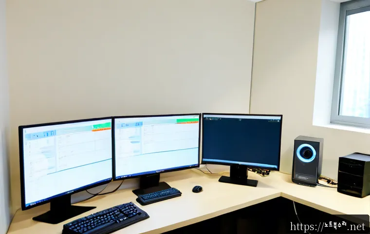 덕정동 STATUS_INVALID_PARAMETER - Photorealistic IT support workstation in a compact Deokjeong-dong office, dual monitors showing a bl...