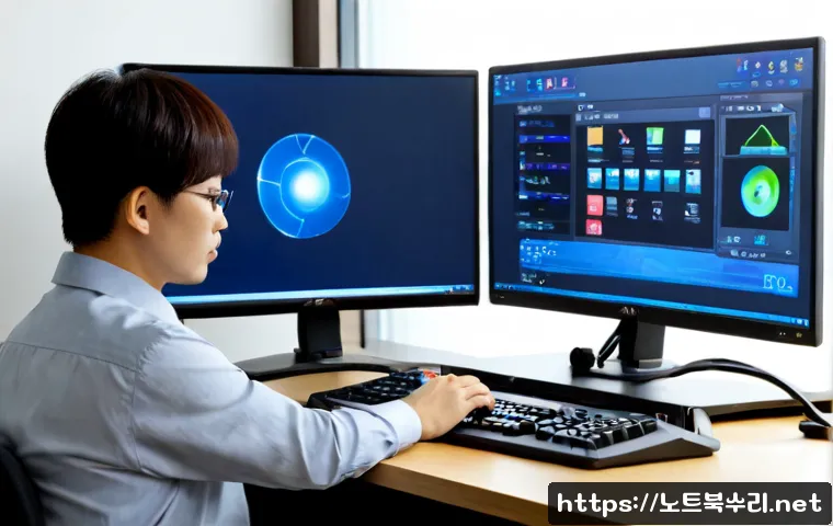 신계동 STATUS_INVALID_THREAD - Photorealistic remote-support workstation in a compact Singye-dong office, dual monitors showing a f...