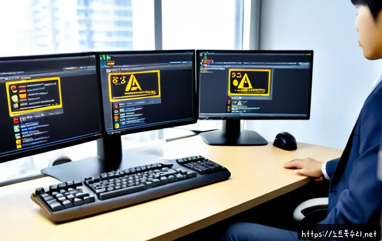 도당동 SYSTEM_LICENSE_VIOLATION - Photorealistic IT support workstation in a compact Korean neighborhood office, dual monitors showing...