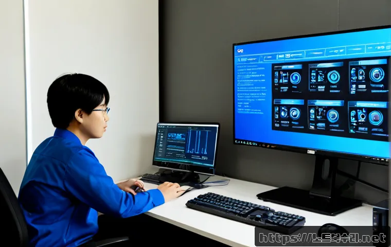 장안구 INTERNAL_POWER_ERROR - Photorealistic IT support workstation in a modern office near a quiet hillside district, dual monito...