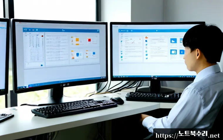 용동 STATUS_KERNEL_MODULE_CORRUPTION - Photorealistic IT support workstation in a compact Korean office, dual monitors showing abstract cor...