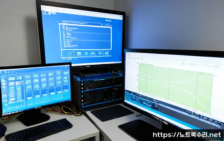 오류동 STATUS_KERNEL_POWER_FAILURE - Photorealistic IT support workstation in an Oryu-dong office, dual monitors showing a blank blue rec...
