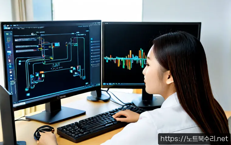 남양읍 네트워크구축 설정 및 세팅오류해결 - Photorealistic network technician configuring a compact office workstation in Namyang-eup, dual moni...