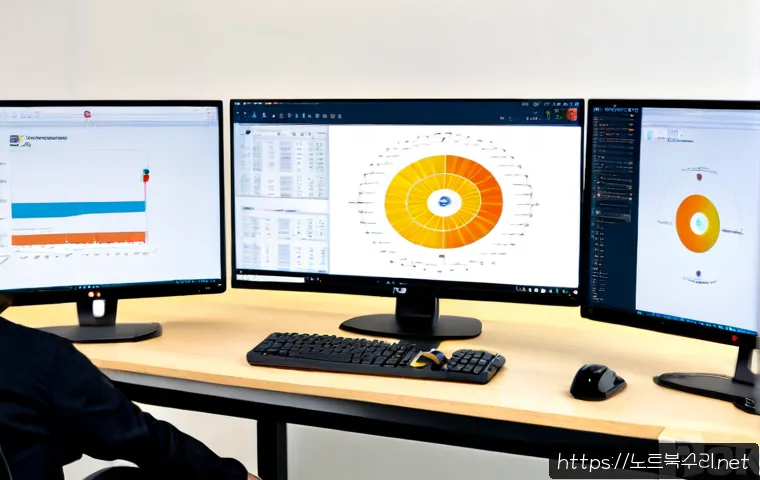 장단면 STATUS_IMAGE_INVALID - Photorealistic industrial CAD workstation, dual monitors displaying a detailed 3D mechanical cross-s...