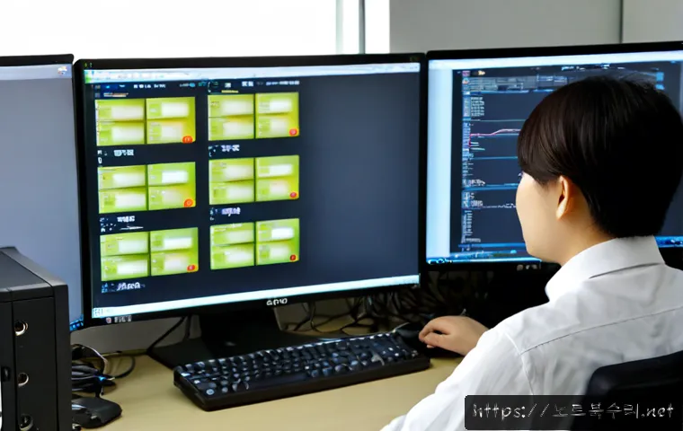 창동 STATUS_KERNEL_DEVICE_ERROR - Photorealistic IT technician at a dual-monitor workstation in a compact Changdong office, examining ...