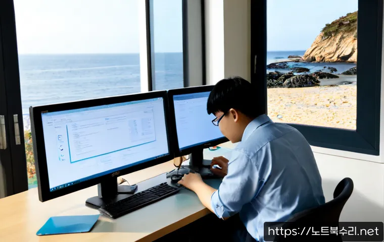 백령면 INACCESSIBLE_BOOT_DEVICE - Photorealistic remote IT support workstation in a compact island office, dual monitors showing a bla...