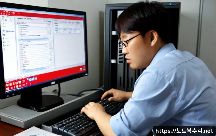 서인동 STATUS_FILE_WRITE_FAILURE - Photorealistic IT support workstation in a compact Korean office, frustrated engineer viewing a blan...