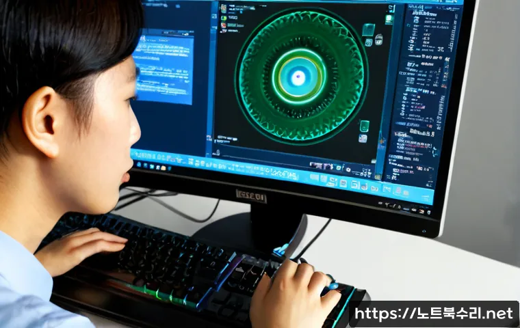 대현동 STATUS_KERNEL_MODULE_NOT_FOUND - Photorealistic IT technician at a compact workstation in Daehyeon-dong, Seoul, inspecting an open de...