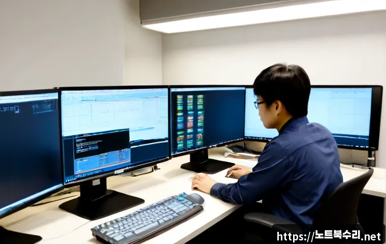 이동 STATUS_MODULE_CORRUPTION - Photorealistic IT support workstation in a compact Seoul office, dual monitors showing a corrupted s...
