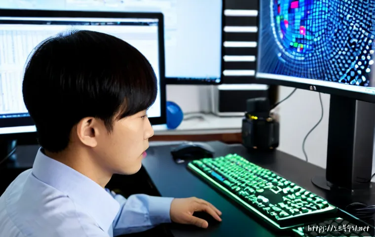 양지동 ATTEMPTED_EXECUTE_OF_NOEXECUTE_MEMORY - Photorealistic IT workstation in a compact Yangji-dong office, cybersecurity engineer examining a de...