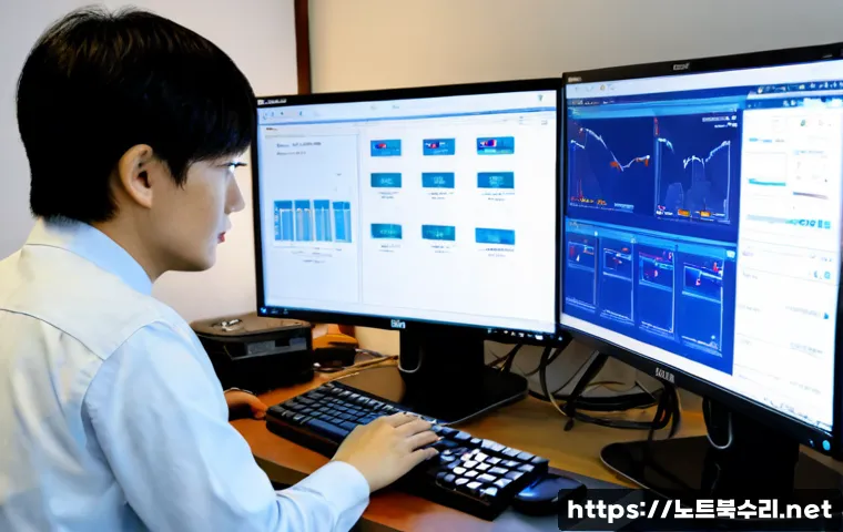 신당동 VIDEO_MEMORY_MANAGEMENT_INTERNAL - Photorealistic PC repair workstation in Sindang-dong, dual monitors showing a clean abstract blue di...