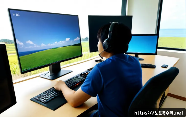 대청면 모니터화면 안나옴 - Photorealistic remote-support workstation in a quiet island township office, dual monitors with one ...