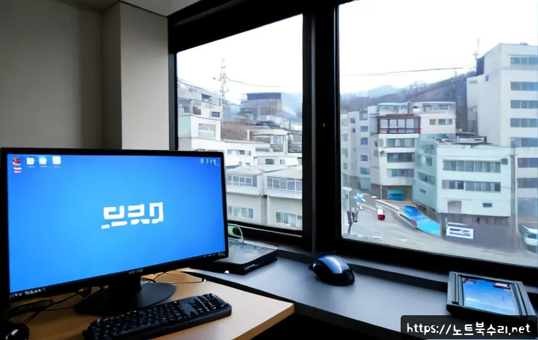 유천동 STATUS_KERNEL_REGISTRY_ERROR - Photorealistic IT support workstation in a compact Yucheon-dong office, desktop monitor showing a bl...
