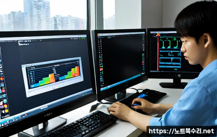오류동 REGISTRY_ERROR - Photorealistic remote IT support workstation in Oryu-dong, Seoul, dual monitors showing a clean abst...