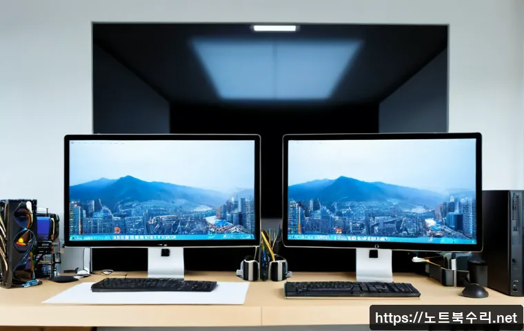 동탄시 SESSION_HAS_NO_PAGEFILE - Photorealistic modern workstation in a Dongtan-style new-town office tower, dual monitors showing an...