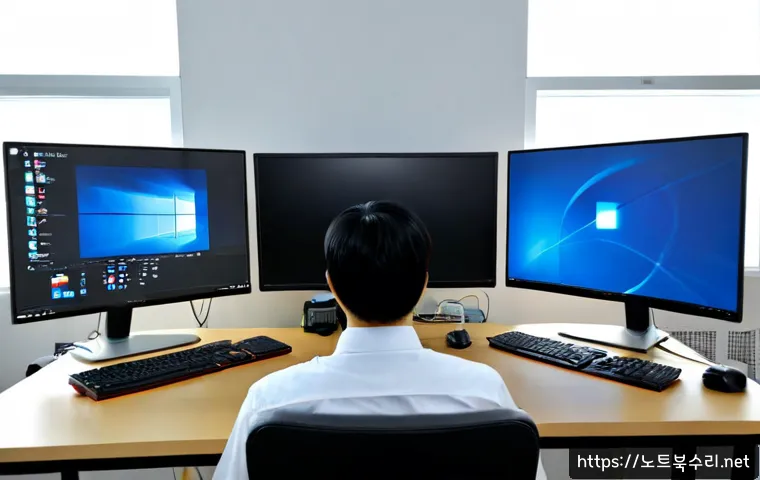보라동 SYSTEM_SERVICE_EXCEPTION - Photorealistic IT support workstation in a modern Korean office near Bora-dong, dual monitors showin...