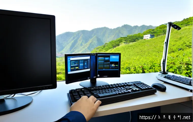 청학동 Press Ctrl Alt Del to restart - Photorealistic IT support workstation in a compact hillside neighborhood office, desktop computer wi...