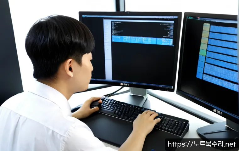 설운동 POOL_CORRUPTION_IN_FILE_AREA - Photorealistic IT support workstation in a compact Seol-dong office, dual monitors showing a file re...