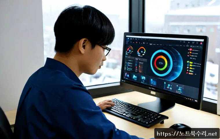 고담동 STATUS_EXECUTION_TIMEOUT - Photorealistic IT support workstation in a compact urban apartment office, technician studying a dua...