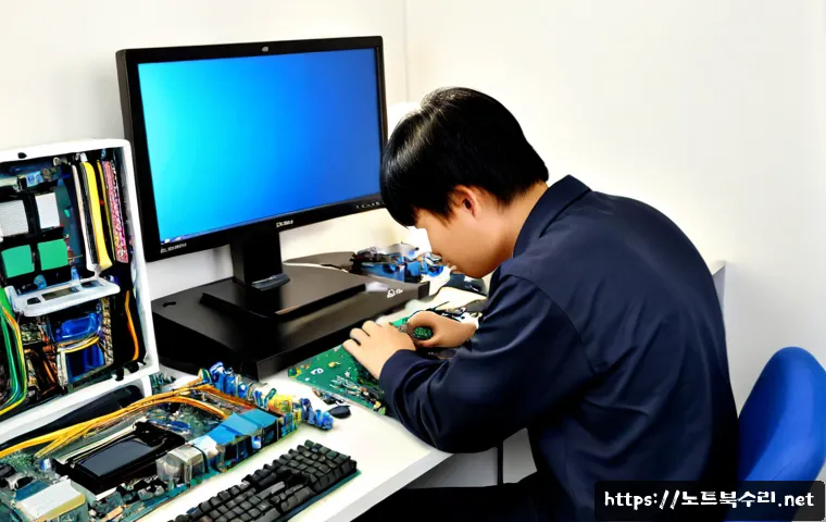 당왕동 메인보드조립 및 교체수리 - Photorealistic computer repair bench in Dangwang-dong, technician carefully installing a motherboard...