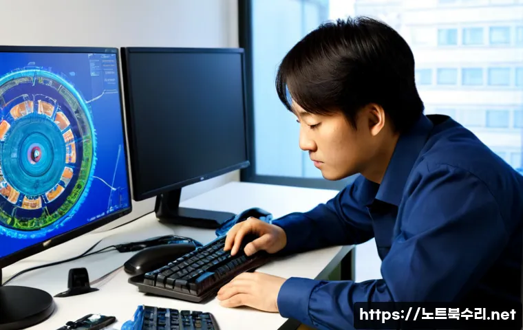 온수동 STATUS_KERNEL_SECURITY_CHECK - Photorealistic IT technician in a compact workshop office, diagnosing a desktop computer with a blue...