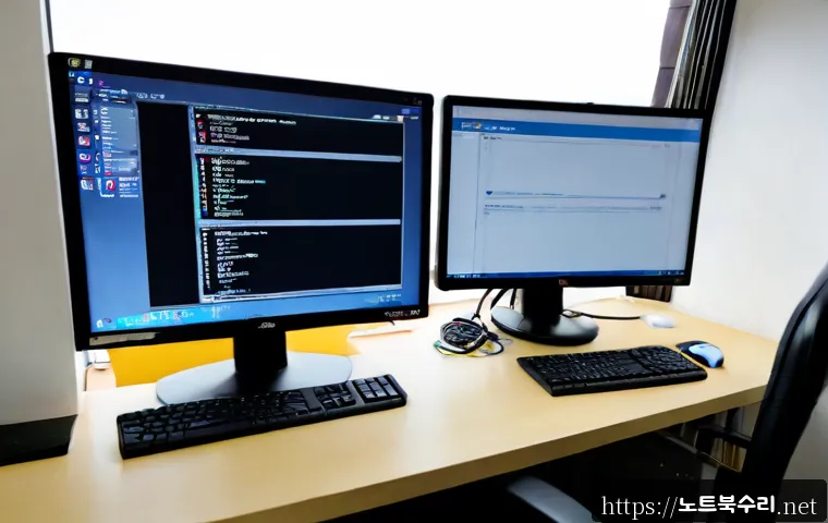 숭의동 STATUS_PAGEFILE_MISSING - Photorealistic compact PC repair workstation in a modest Incheon residential office, dual monitors s...