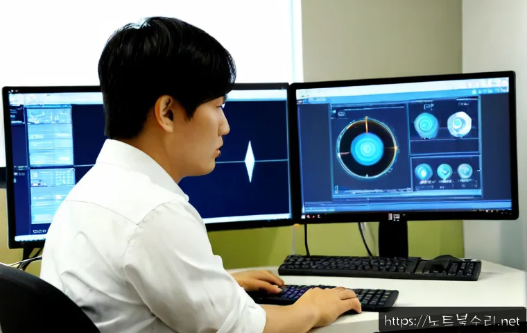 왕길동 STATUS_INVALID_OBJECT - Photorealistic IT support workstation in a modern west Incheon office, engineer studying a desktop m...