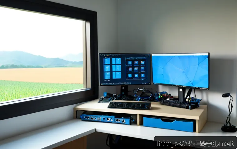 선원면 KERNEL_SECURITY_CHECK_FAILURE - Photorealistic remote-support workstation in a quiet rural Korean office, dual monitors with one dis...