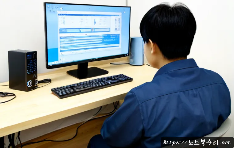 연무동 KMODE_EXCEPTION_NOT_HANDLED - Photorealistic remote-support workstation in a quiet Yeonmu-dong apartment office, dual monitors sho...