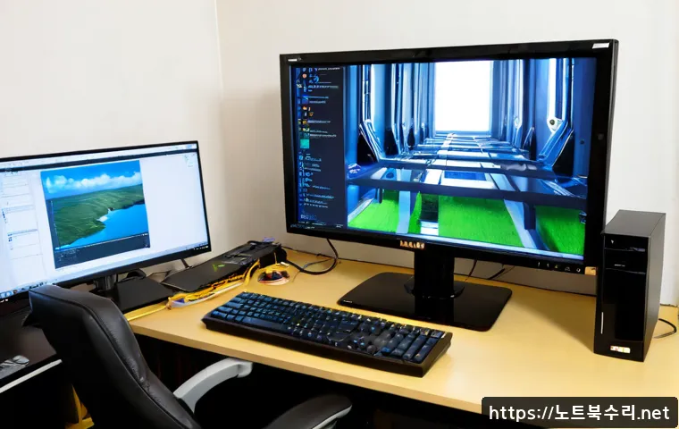 누하동 프리도스 윈도우설치 - Photorealistic compact PC workstation in a Nuhadong-style low-rise apartment, a technician installin...