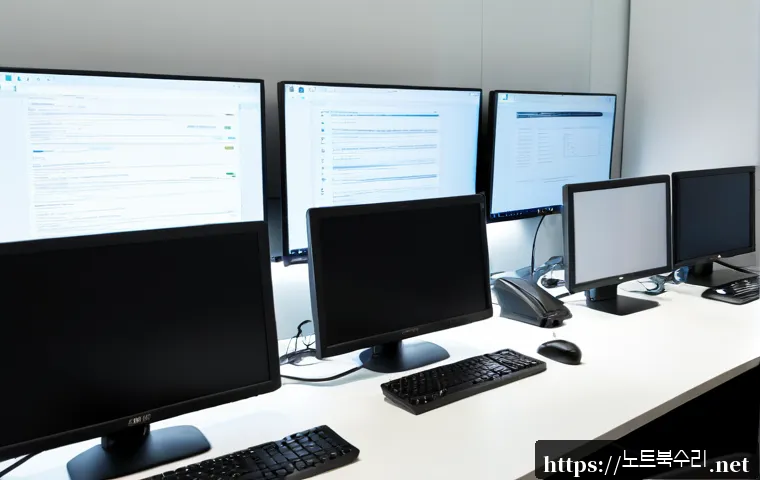 내유동 STATUS_PRIVILEGED_INSTRUCTION - Photorealistic IT administrator workstation in a quiet Naeyu-dong office, dual monitors showing abst...