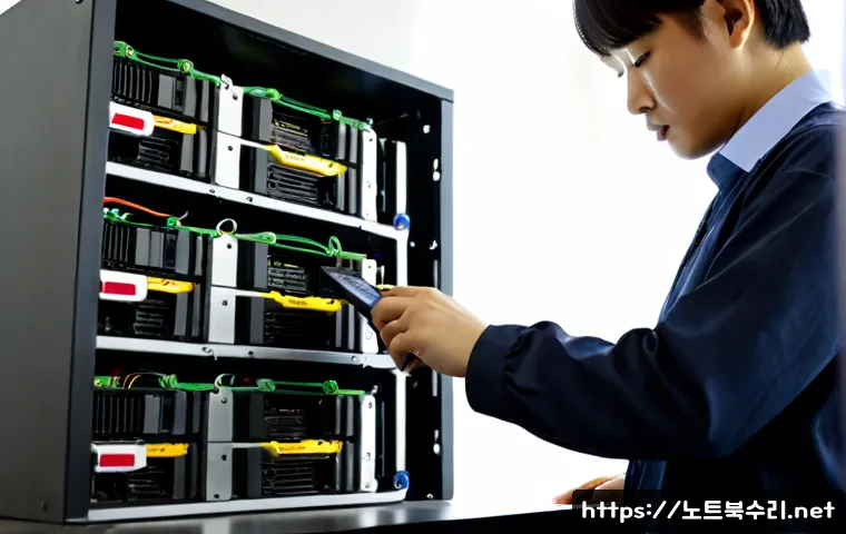 하봉암동 나스 nas 설정및수리 - Photorealistic compact IT service workstation in a quiet Korean apartment district, technician insta...