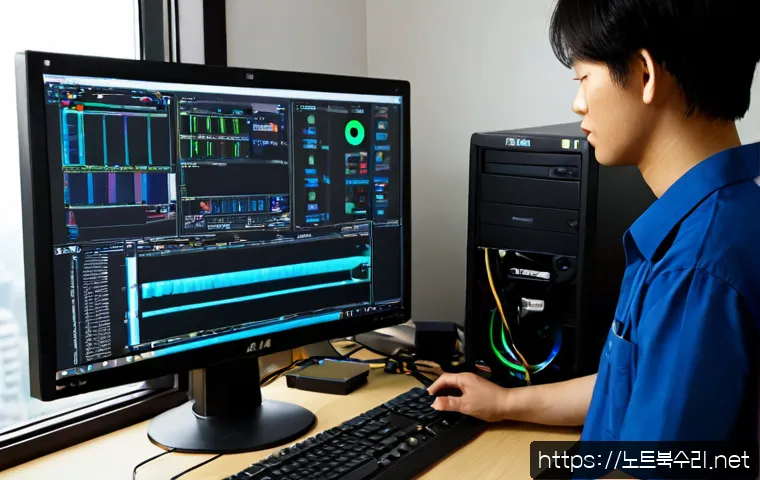 맥금동 컴퓨터 desktop 출장방문수리점 - Photorealistic desktop computer repair technician servicing an open tower PC on a clean apartment wo...