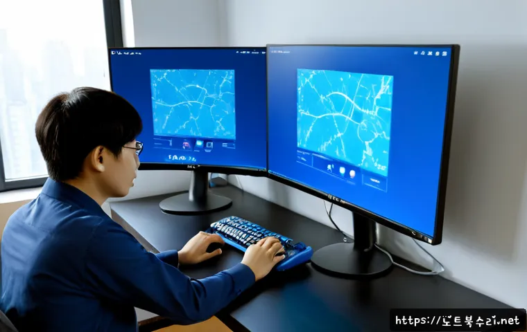 탑동동 SYSTEM_THREAD_EXCEPTION_NOT_HANDLED - Photorealistic remote-support workstation in a compact Korean apartment office, dual monitors showin...
