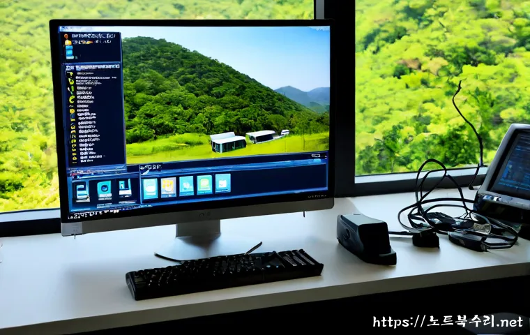 동두천동 STATUS_KERNEL_BOOT_DRIVE_ERROR - Photorealistic IT support workstation in Dongducheon-dong, compact office overlooking low wooded hil...