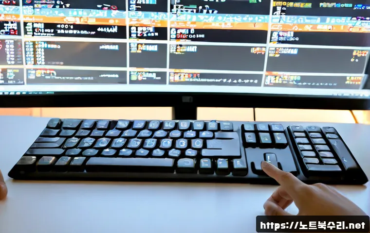구갈동 press  f4  key - Photorealistic software support workstation in a modern Korean office, an adult hand pressing the fo...