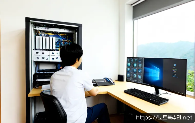 사당동 STATUS_KERNEL_THREAD_INTERRUPTED - Photorealistic IT support workstation in a compact Seoul apartment office near a quiet hillside neig...