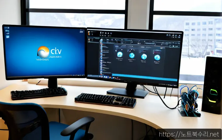 고봉동 Press Ctrl Alt Del to restart - Photorealistic IT support workstation in a compact Goyang office, designer facing a frozen dual-moni...